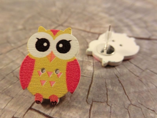 Preview: Eulen Knopf Ohrstecker Holz Uhu Owl